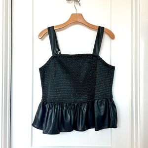 Black Faux Leather Smocked Peplum Top
